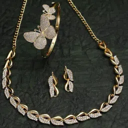 Zeneme Gold Plated CZ Stone Studded Necklace & AD Bracelete Jewellery Set-picture-37
