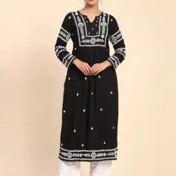 House Of Kari HOK chikankari Long Kurta in Rayon Cotton for Women-Black-picture-21