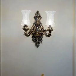 FOS LIGHTING Antique Brass Cast Aluminium Ornate Wall Sconce with Clear Fluted Frilled Rim Glass-picture-1