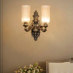 FOS LIGHTING Antique Brass Cast Aluminium Ornate Wall Sconce with Golden Fluted Glass Shades-picture-31