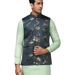 Manyavar Teal Green Regular Fit Floral Print Nehru Jacket image 1