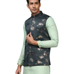 Manyavar Teal Green Regular Fit Floral Print Nehru Jacket image 3