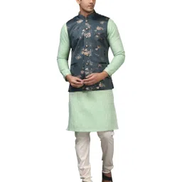 Manyavar Teal Green Regular Fit Floral Print Nehru Jacket image 4
