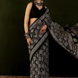 Saree Mall Black Printed Sarees With Unstitched Blouse-image-85