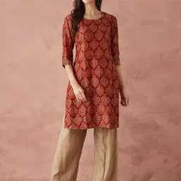 Fabindia Maroon Cotton Silk Slim Fit Print Kurta-picture-32