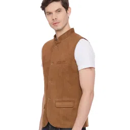 Basics Brown Sleeveless Mandarin Collar Waistcoat image 3