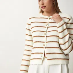 Happiness istanbul Women Striped Ribbed Long Sleeves Cardigan image 2