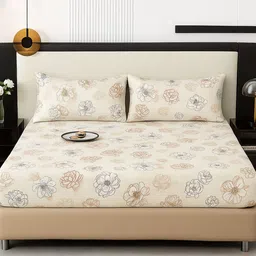 WEAVE AND DECOR Beige Printed Pure Cotton 300 TC Super King Bedsheet Set 1.98 x 1.98m-image-28