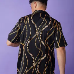 CLUBHAVANA Men Comfort Fit Geometric Printed Chain Luxe Cuban Collar Satin Casual Shirt-image-0