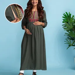 Bella Mama Three Fourth Sleeves Maternity Kurta Floral Embroidery - Green-picture-26