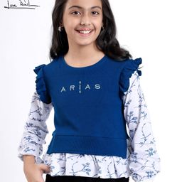 arias by lara dutta Arias Cotton Waffle Knit Full Sleeve Top with Floral Print and Embroidery - Blue-picture-9