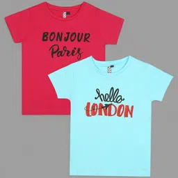 Actuel Pack Of 2 Half Sleeves London & Paris Text Printed Cotton Tees - Dark Pink & Sky Blue-picture-14