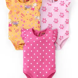 Babyhug 100% Cotton Knit Frill Sleeves Onesies  with Floral & Polka Dot Print Pack of 3 - Multicolour-picture-24