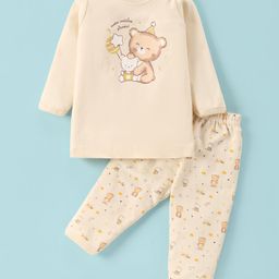 Simply Interlock Knit Full Sleeves Night Suit With Teddy Print - Beige-picture-14