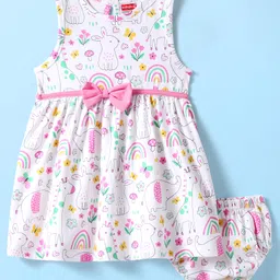 Babyhug Single Jersey Knit Sleeveless Floral & Animal Printed Frock With Bow Applique & Bloomer - White-picture-14