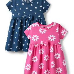 Babyhug Single Jersey Knit Half Sleeves Floral & Heart Printed Frocks With Bow Applique Pack of 2 - Pink & Navy Blue-picture-19