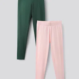Primo Gino Cotton Knit Full Length Solid Color Leggings Pack of 2 - Green & Pink image 1