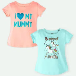 Ariel Cotton Knit Pack Of 2 Half Sleeves Unicorn & Typography Printed Tops - Orange & Sky Blue-picture-11