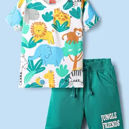 Babyhug Single Jersey Knit Half Sleeves T-Shirt & Shorts Set with Jungle Theme Print - Mint image 1
