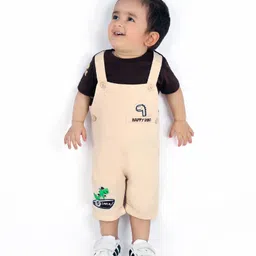 MASHUP Cotton Lycra Dinosaur Patch Detailed Dungaree With Cotton Knit Half Sleeves Text Printed Tee Set - Khaki-image-7