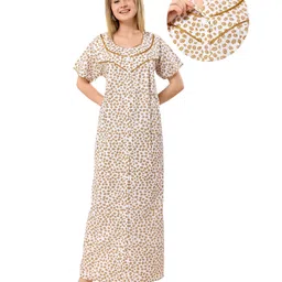 Piu Cotton Woven Half Sleeves Floral Printed Maternity Nighty With Centre Front Nursing Access - Yellow-picture-19