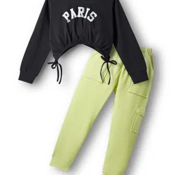 Tiara Cotton Knit Full Sleeves Paris Text Printed Crop Top With Joggers Set - Black-picture-12