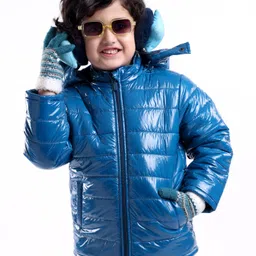 Babyhug Full Sleeves Solid Colour Padded Jacket with Detachable Hood - Blue image 2