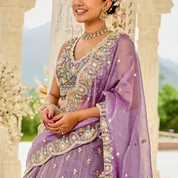 panchhi Purple Embroidered Sequinned Satin Silk Ready To Wear Lehenga & Choli With Dupatta image 3