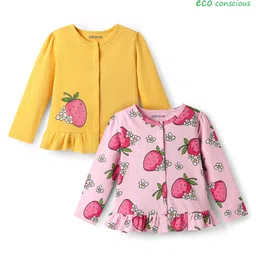 Babyoye 100% Cotton Knit Eco Jiva Finish Full Sleeves Front Open Jhablas with Fruit Print Pack of 2 - Pink & Yellow image 4
