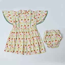 Bella Moda Girls Green & Red Cotton Floral Casual Dresses image 2