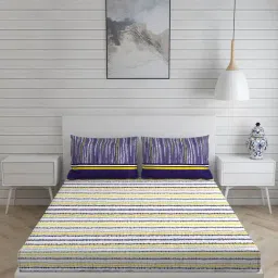 Layers Roma Stripes Yellow 120 TC Cotton Queen Bed Sheet with 2 Pillow Covers-image-56