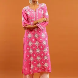 House Of Chikankari Pink Chanderi Regular Fit Kurta-picture-31