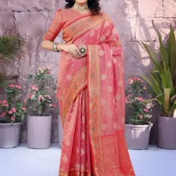 Satrani Red Silk Blend Woven Saree With Unstitched Blouse-picture-23