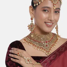 Peora Gold-Plated Kundan Bridal Choker Necklace Earrings Maangtikka Nathiya Hath Panja Jewellery Set image 2