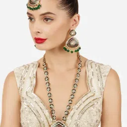 Zaveri Pearls Green Meenakari Pink Dazzling Stones Beads Necklace Earring & Maangtikka Set-image-43