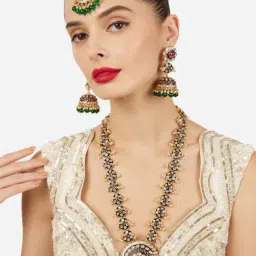 Zaveri Pearls Green Meenakari Pink Dazzling Stones Beads Necklace Earring & Maangtikka Set image 1