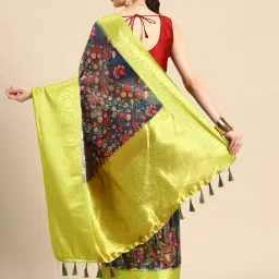 Silk Land Navy & Green Printed Saree With Unstitched Blouse image 2