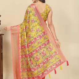 SSHAGUN LIFESTYLE Yellow Self Design Checkered Printed Madhubani Cotton Silk Saree image 5