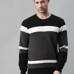 SHOWOFF Black Cotton Slim Fit Stripes Sweatshirt-image-16