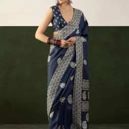 Saree Mall Navy Printed Sarees With Unstitched Blouse-picture-15