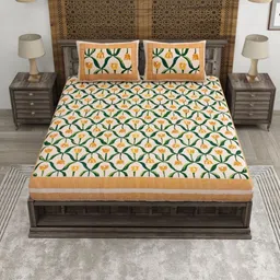 CLOTHOLOGY Off White & Cream-Coloured Floral 180 TC King Bedsheet with 2 Pillow Covers image 2