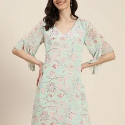 Qurvii Floral Print Flared Sleeves Georgette A-Line Dress image 1