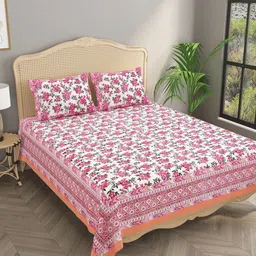 Gulaab Jaipur White & Pink Floral 400 TC King Bedsheet with 2 Pillow Covers-picture-15