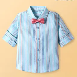 Babyoye 100% Cotton Knit Full Sleeves Striped Party Shirt with Bow - Light Blue-picture-10