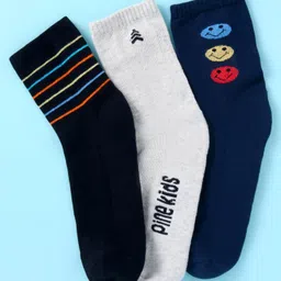 Pine Kids Cotton Nylon Knit Ankle Length Socks Stripes Text Embroidery & Smile Design Pack of 3 - Black & Gray-picture-17