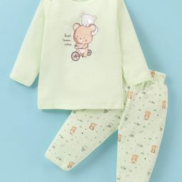 Simply Interlock Knit Full Sleeves Night Suit With Teddy Bear Print - Light Green-picture-32