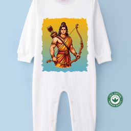 BLUSHES Dussehra Theme 100% Cotton Full Sleeves Lord Rama Printed Romper - White-picture-27