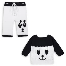 Windrop Solutions Full Sleeves Colour Blocked Panda Face Designed Crocheted Sweater With Coordinating Pajama Set - White-picture-22