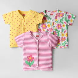 Babyhug Interlock Knit Half Sleeves Front Open Antibacterial Vests With Stripes Floral & Heart Print Pack Of 3 - Pink Yellow & White-picture-31