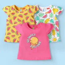 Babyhug Cotton Knit Half Sleeves T-Shirts With Tropical Print Pack Of 3 - Dark Pink Yellow & White-picture-36